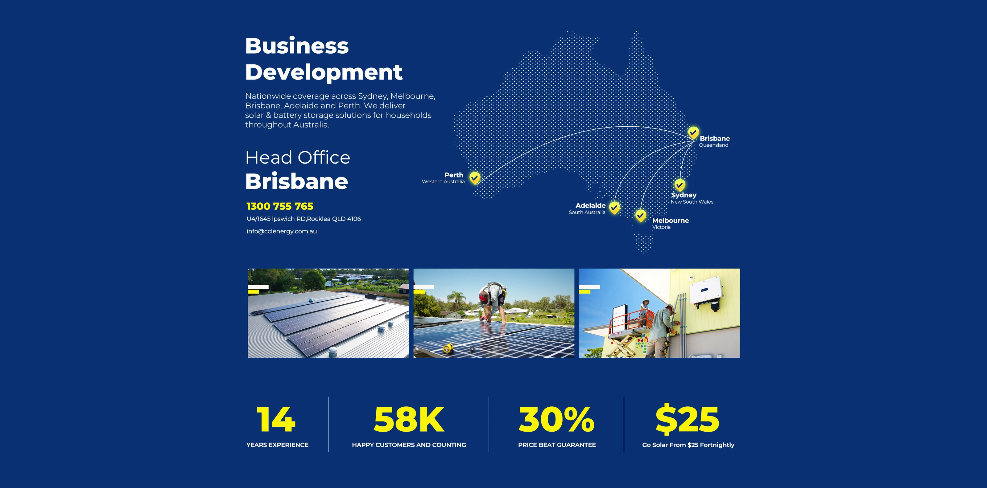 Business Development · Brisbane head office · Australia coverage · office photos · company statistics